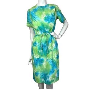 50s Neusteters Cocktail Dress Size Medium Watercolor Short Sleeve Midi Belt NEW